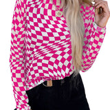 Black Checkered Pattern Mesh Mock Neck Long Sleeve Top
