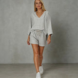 Women's Loose V-Neck Long Sleeve Striped Shorts Set – Casual Leisure