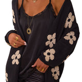 Black Floral Print Knitted Open Front Loose Cardigan