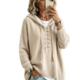 Lace-Up V-Neck Hooded Knit Sweater | Drop Shoulder Oversized Pullover