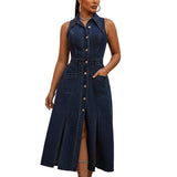 Women's Retro Washed Denim Midi Dress – Sleeveless Collared Button-Front with Slits & Pockets