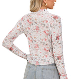 Pink Floral Print Mesh Mock Neck Slim Blouse