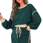 Black Color Contrast Loose Pullover and Lace-up Waist Skort Set