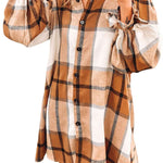 Khaki Plaid Pattern Collared Neck Ruffled Sleeve Shirt Dress