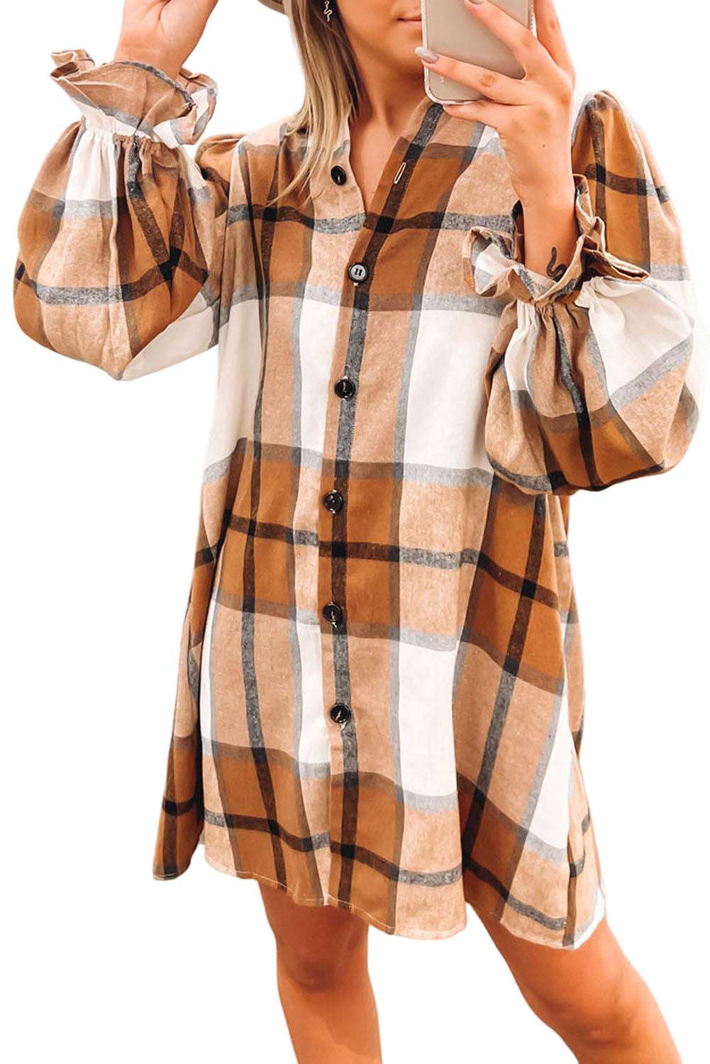 Khaki Plaid Pattern Collared Neck Ruffled Sleeve Shirt Dress