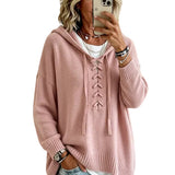 Lace-Up V-Neck Hooded Knit Sweater | Drop Shoulder Oversized Pullover