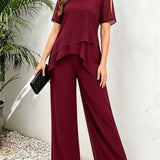 Women's Irregular Hem Top & Wide Leg Pants Two-Piece Set