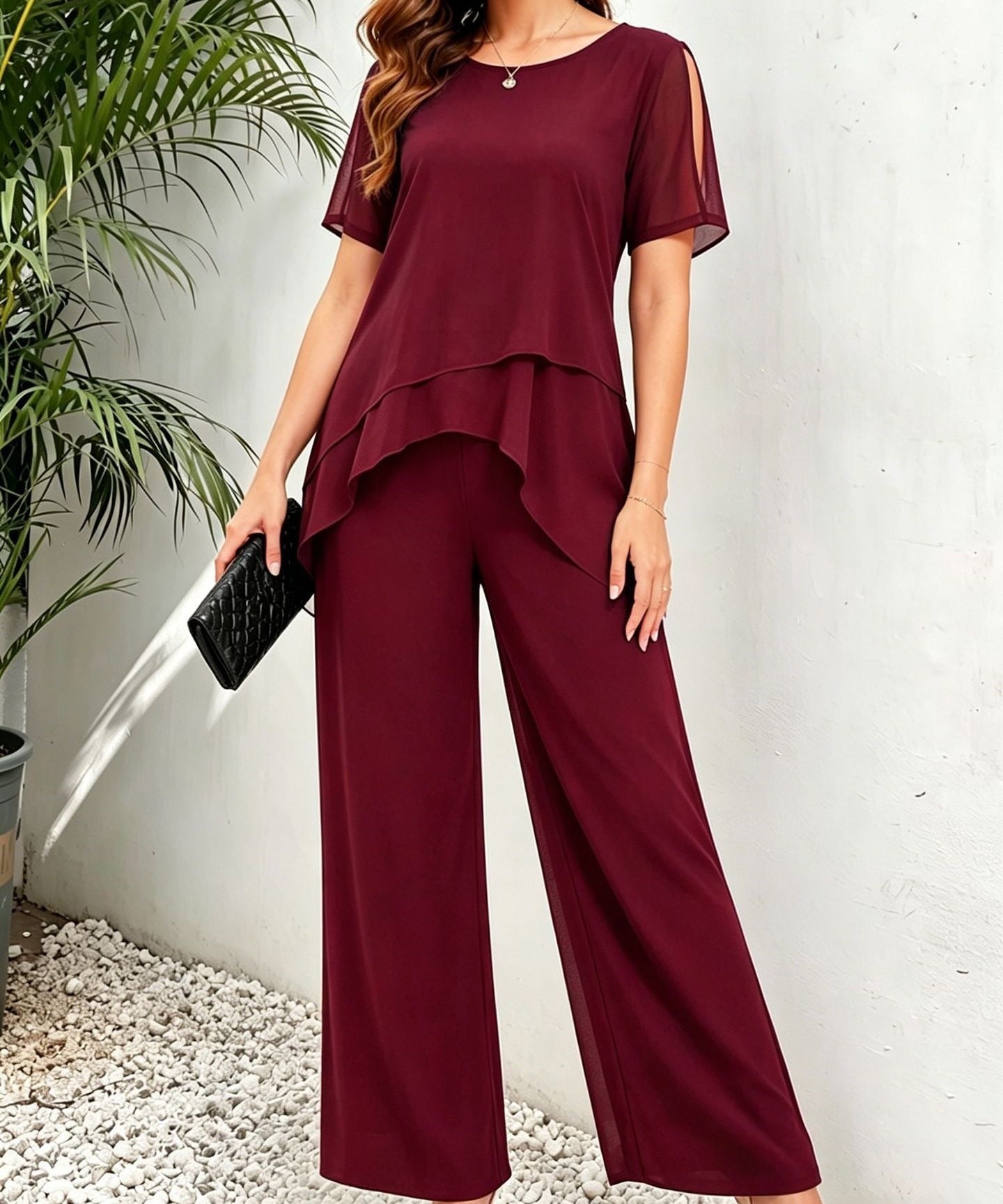 Women's Irregular Hem Top & Wide Leg Pants Two-Piece Set