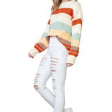 White Striped Color Block Drop Shoulder Knit Sweater