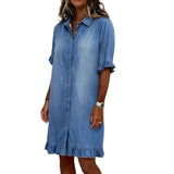 Women's Faux Denim Ruffle-Sleeve Shirt Dress