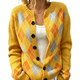 DIAMOND PATTERN Round-Neck Long-Sleeve Cardigan Jacket
