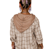 Pink Checkered Print Loose Fit Buttoned Hooded Shacket