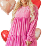Strawberry Pink Flounce Sleeve Tiered Ruffled Velvet Mini Dress