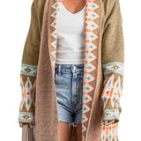 Brown Aztec Print Open Front Knitted Cardigan