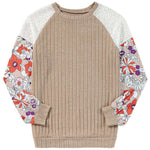 Laurel Green Floral Patchwork Long Sleeve Ribbed Blouse