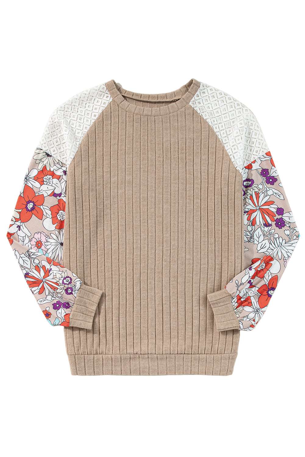 Laurel Green Floral Patchwork Long Sleeve Ribbed Blouse