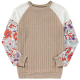 Laurel Green Floral Patchwork Long Sleeve Ribbed Blouse