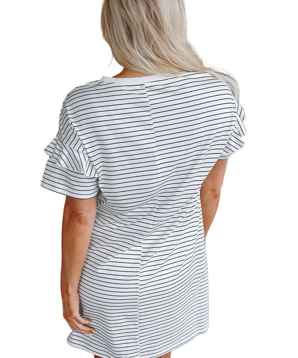 White Stripe Ruffled Short Sleeve Crew Neck T Shirt Shift Mini Dress