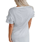 White Stripe Ruffled Short Sleeve Crew Neck T Shirt Shift Mini Dress