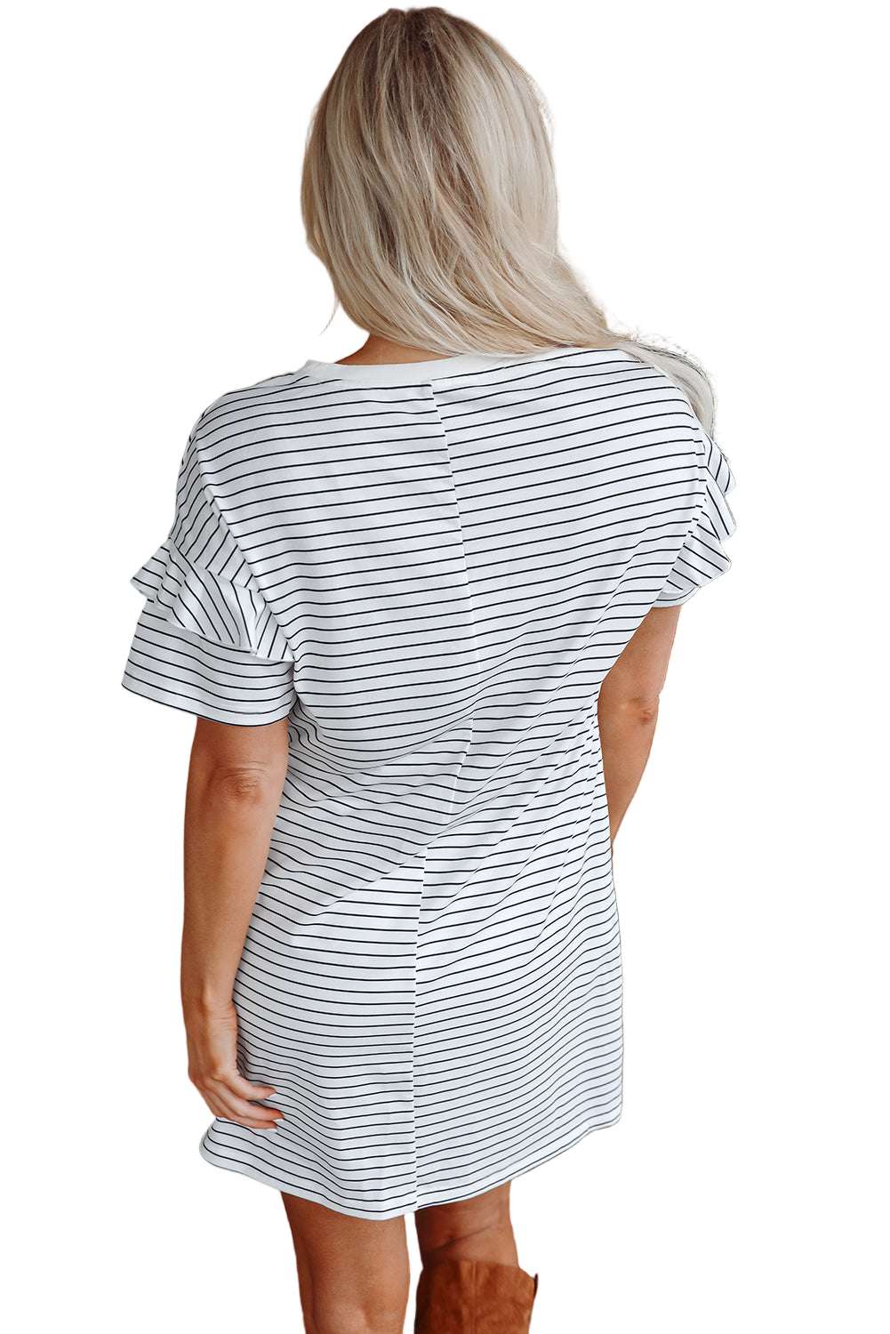 White Stripe Ruffled Short Sleeve Crew Neck T Shirt Shift Mini Dress