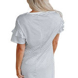 White Stripe Ruffled Short Sleeve Crew Neck T Shirt Shift Mini Dress