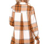 Khaki Plaid Pattern Collared Neck Ruffled Sleeve Shirt Dress