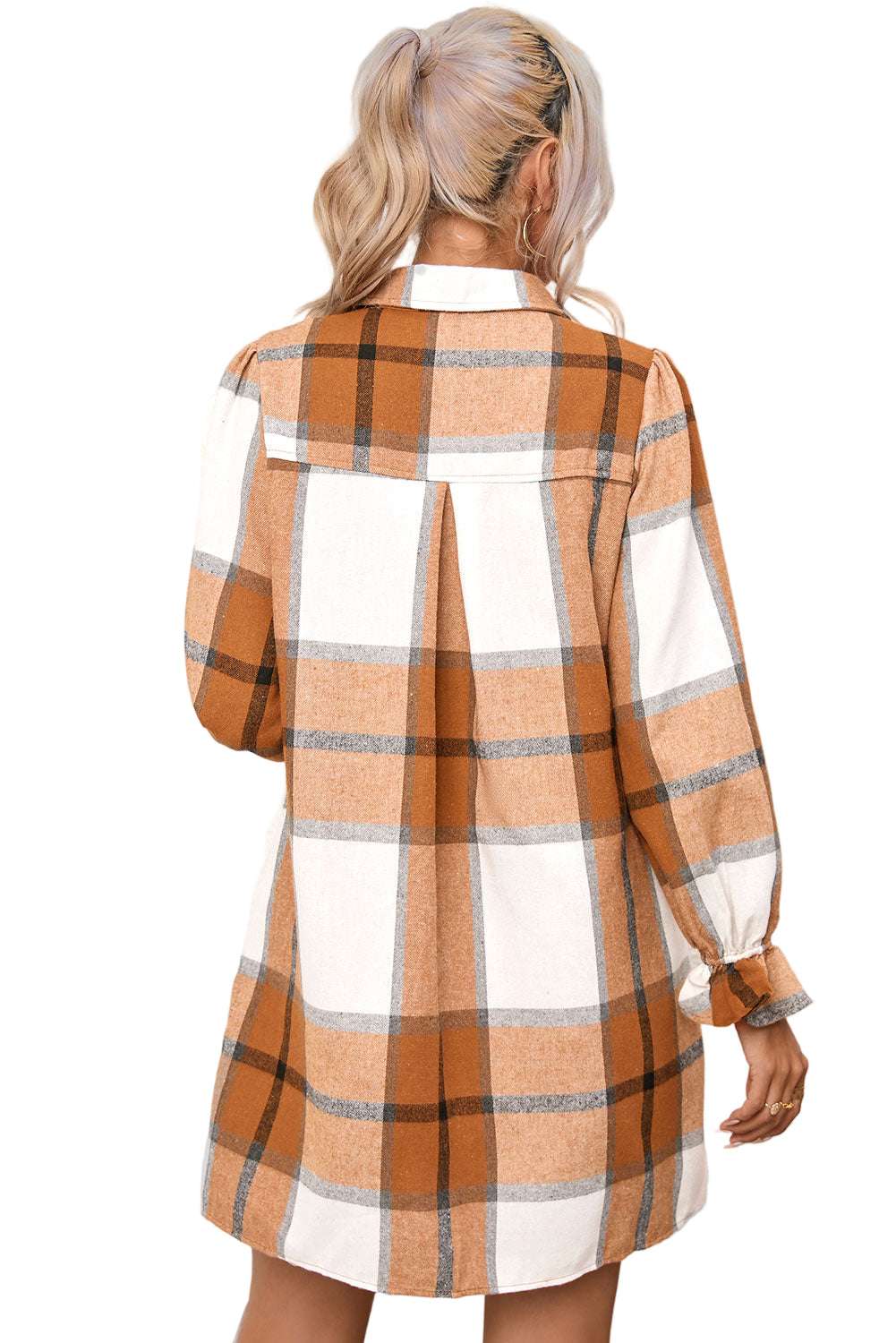 Khaki Plaid Pattern Collared Neck Ruffled Sleeve Shirt Dress
