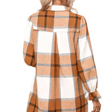 Khaki Plaid Pattern Collared Neck Ruffled Sleeve Shirt Dress