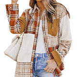 Orange Plaid Color Block Patchwork Shirt Jacket with Pocket