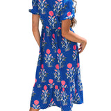 Sky Blue Floral Puff Short Sleeve V Neck High Waist Maxi Dress