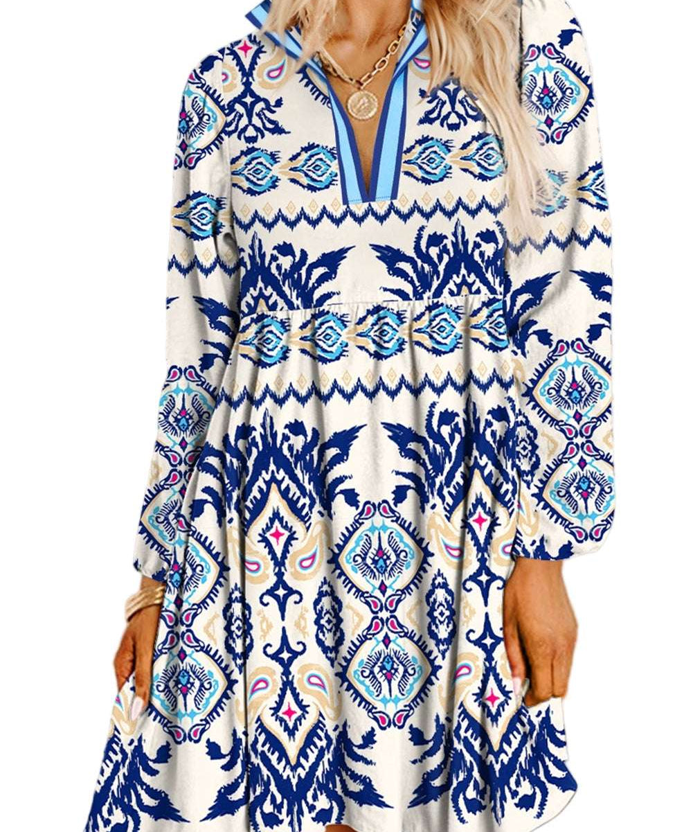 Blue Ethnic Print Striped Split Neck Long Sleeve Flowy Mini Dress