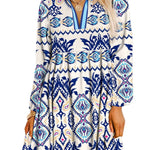 Blue Ethnic Print Striped Split Neck Long Sleeve Flowy Mini Dress