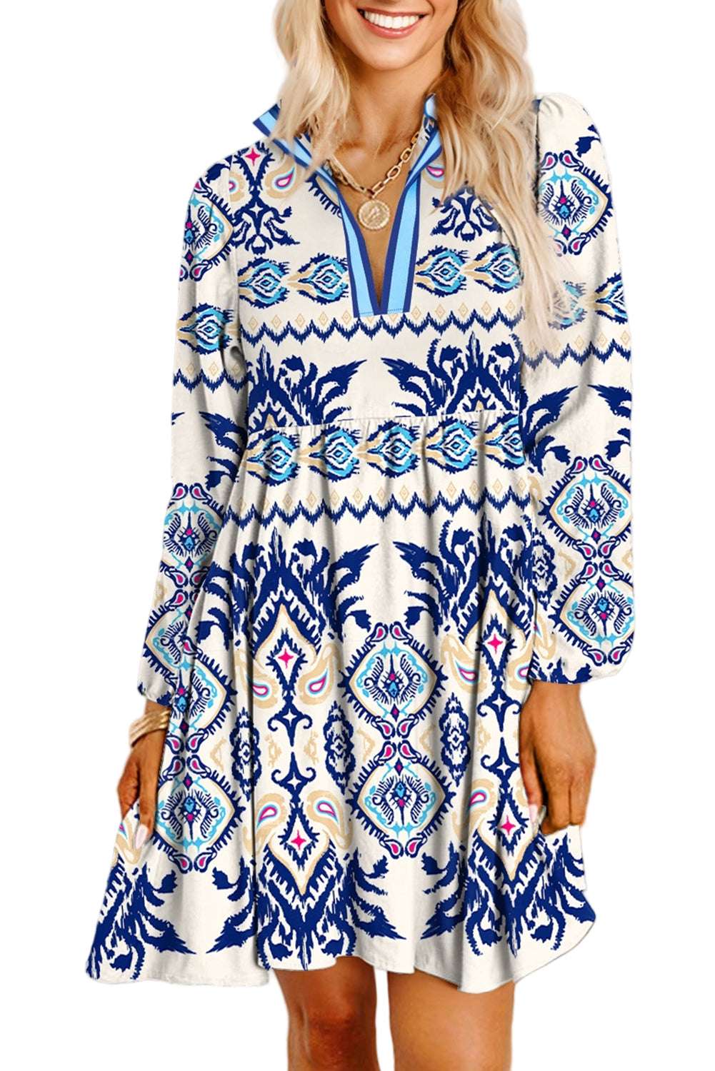 Blue Ethnic Print Striped Split Neck Long Sleeve Flowy Mini Dress