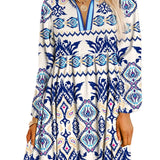 Blue Ethnic Print Striped Split Neck Long Sleeve Flowy Mini Dress