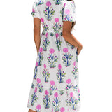 Sky Blue Floral Puff Short Sleeve V Neck High Waist Maxi Dress
