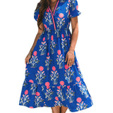Sky Blue Floral Puff Short Sleeve V Neck High Waist Maxi Dress