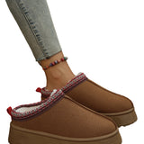 Chestnut Suede Contrast Print Round Toe Plush Lined Flats