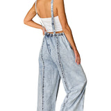 Beau Blue Light Wash Frayed Exposed Seam Wide Leg Denim Overall