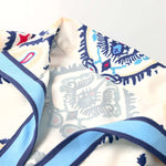 Blue Ethnic Print Striped Split Neck Long Sleeve Flowy Mini Dress