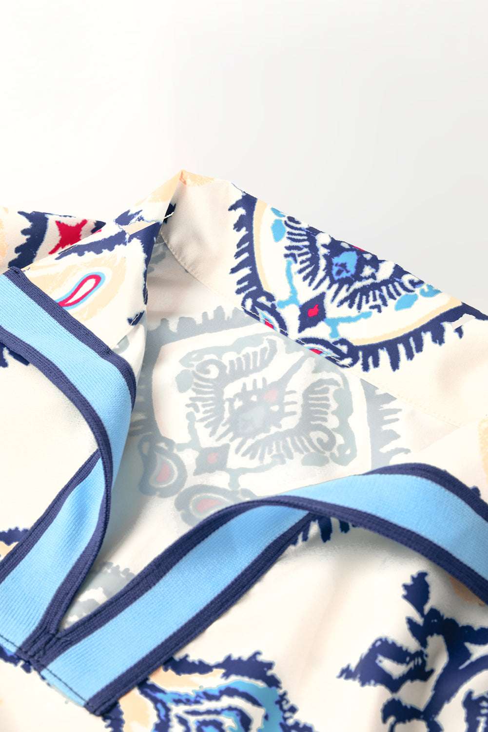 Blue Ethnic Print Striped Split Neck Long Sleeve Flowy Mini Dress