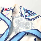 Blue Ethnic Print Striped Split Neck Long Sleeve Flowy Mini Dress