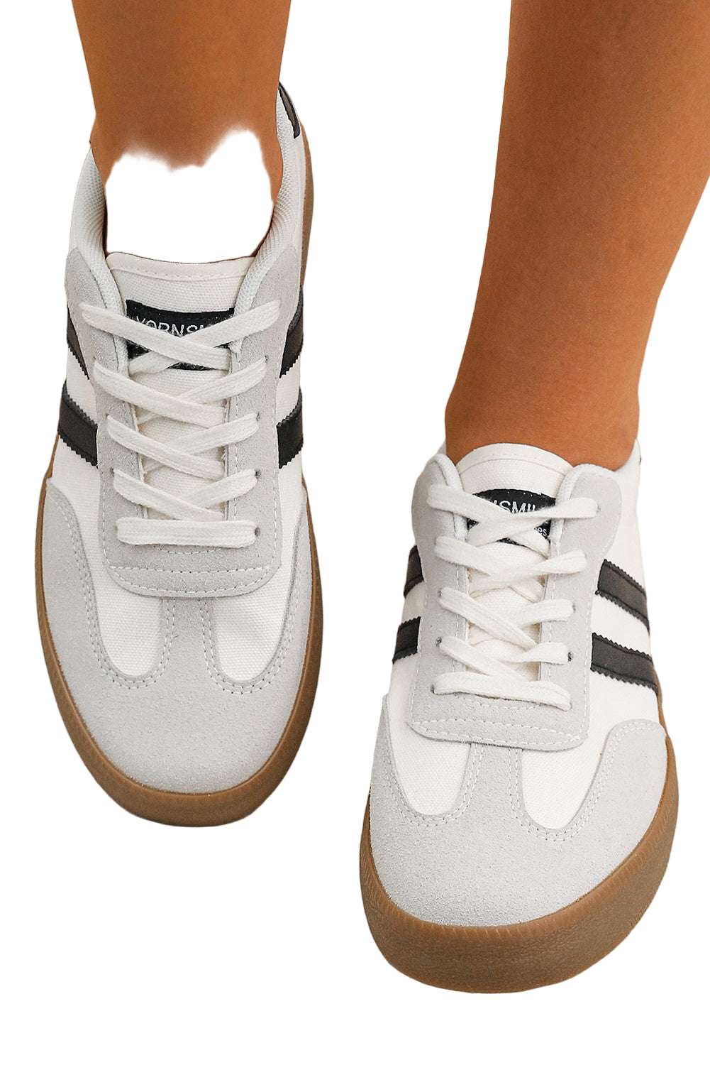 White Striped Lace-up Flat Sneakers
