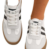 White Striped Lace-up Flat Sneakers