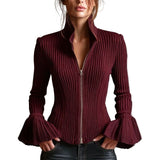 Women's Slim-Fit Rib-Knit Zip-Up Top with Flared Cuffs