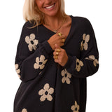 Black Floral Print Knitted Open Front Loose Cardigan