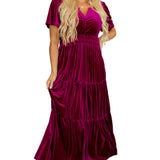 Red Dahlia Velvet Short Sleeve Shirred Waist Tiered Maxi Dress