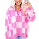 Pink Checkerboard Half Button Collared Drop Shoulder Sweater