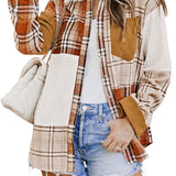 Orange Plaid Color Block Patchwork Shirt Jacket with Pocket