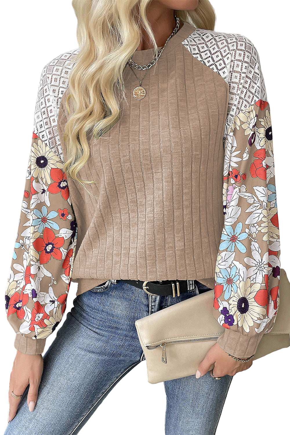 Laurel Green Floral Patchwork Long Sleeve Ribbed Blouse