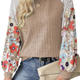 Laurel Green Floral Patchwork Long Sleeve Ribbed Blouse